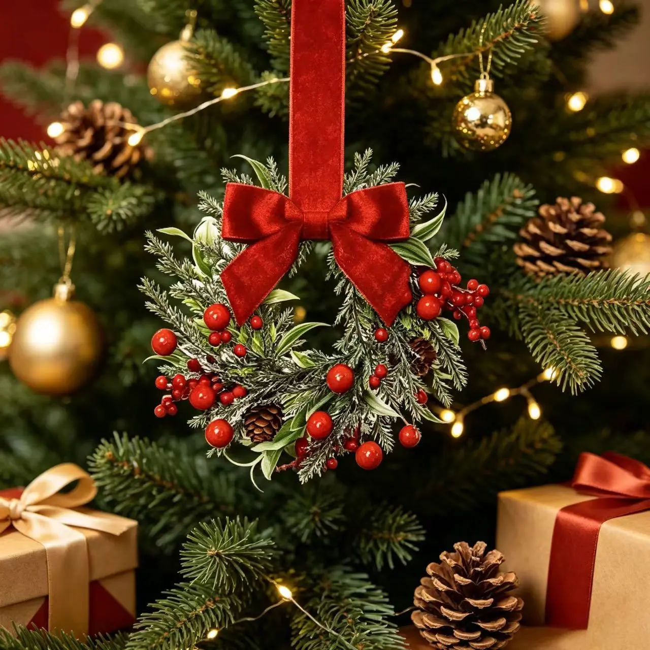 Christmas Pine Berry Bow Wreath Door Hanger Set, 6 Pcs Artificial Hanging Realistic Pine Branch Berry Wreath Window Party Wall Hanging Kit, Home Decor Six Piece Set