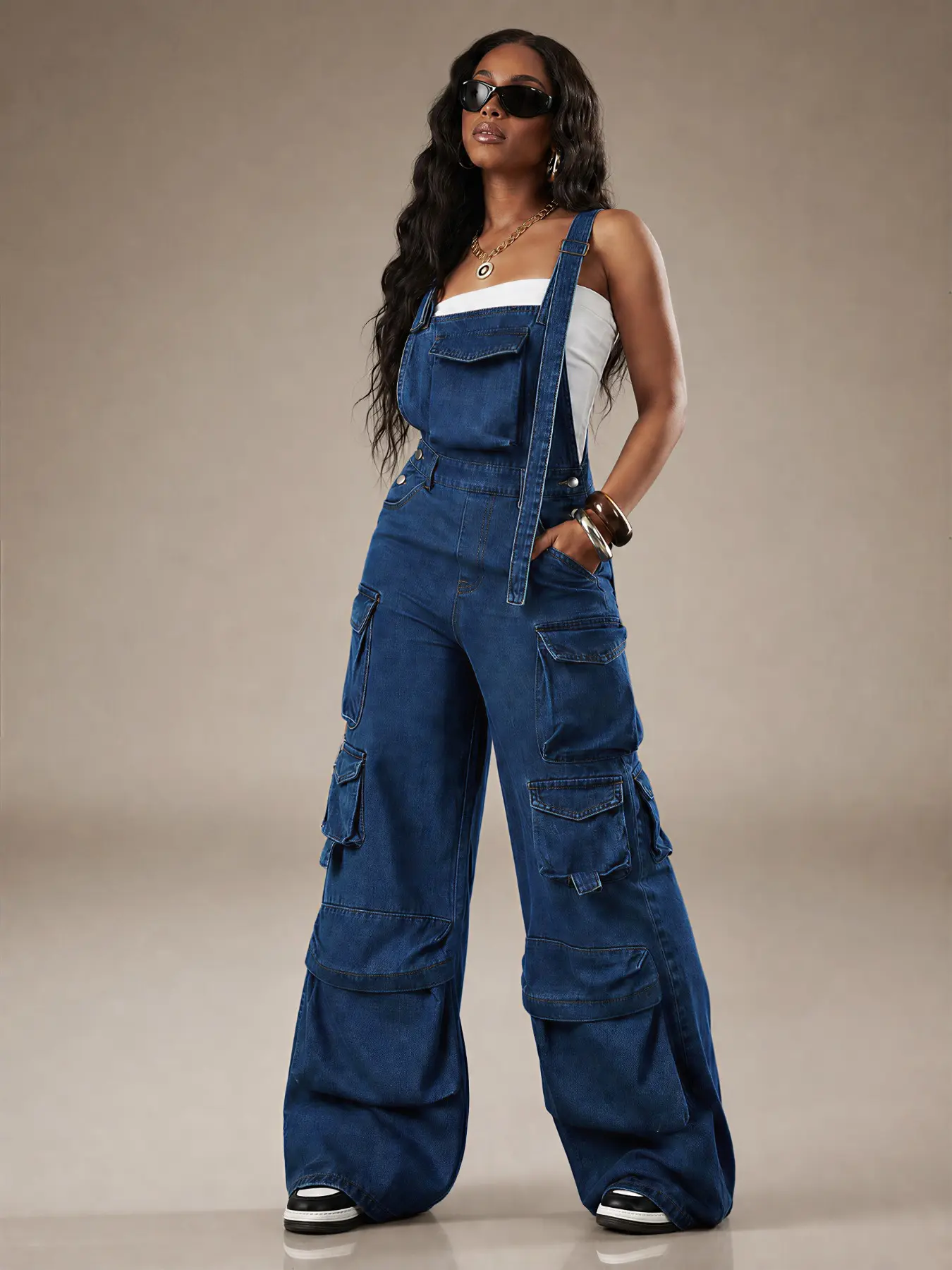 Women's Adjustable Strap Denim Workwear Jumpsuit, Loose Fit Fashion Casual Overall, Spring & Fall Style, Comfortable and Stylish