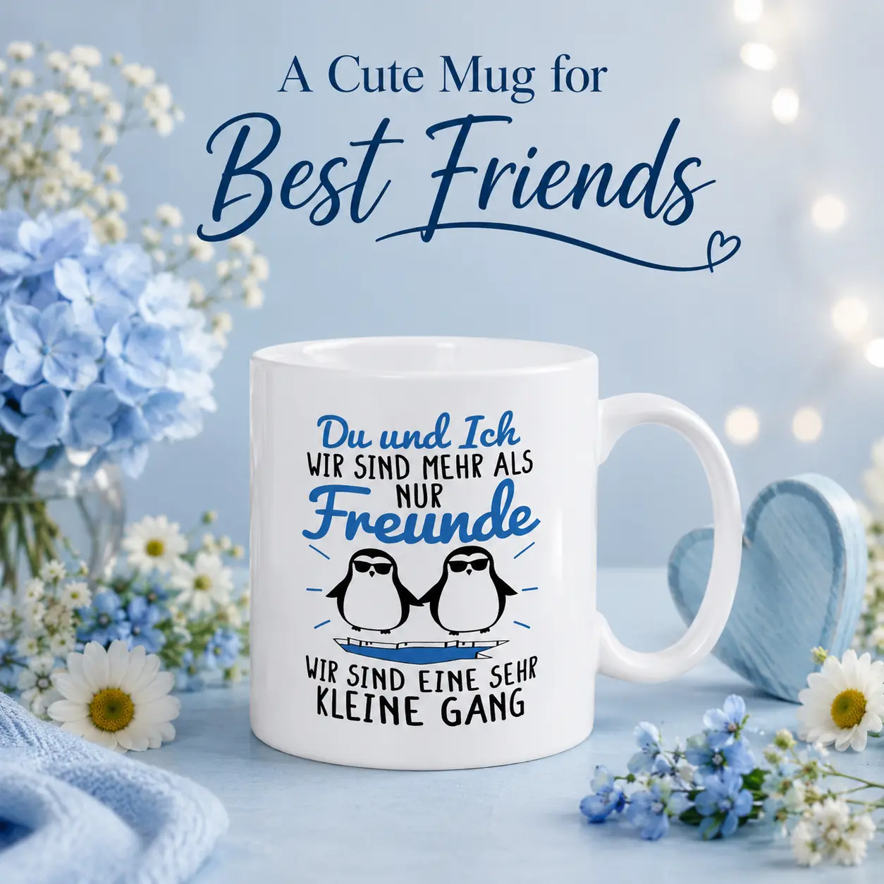 German Best Friend Mug 11oz, Cute Penguin Friendship Ceramic Coffee Cup with "Du und Ich Freunde" Quote, Bestie Gift for Women Men, Funny Friend Birthday Christmas Gift, Microwave Dishwasher Safe Tea Cocoa Mug
