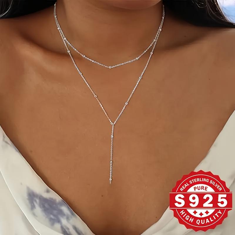 925 Sterling Silver Beaded Y-Shaped Chain Necklace, Multi-Functional Layered Design, Low Allergenic, Bohemian Style, Elegant Charm for Women