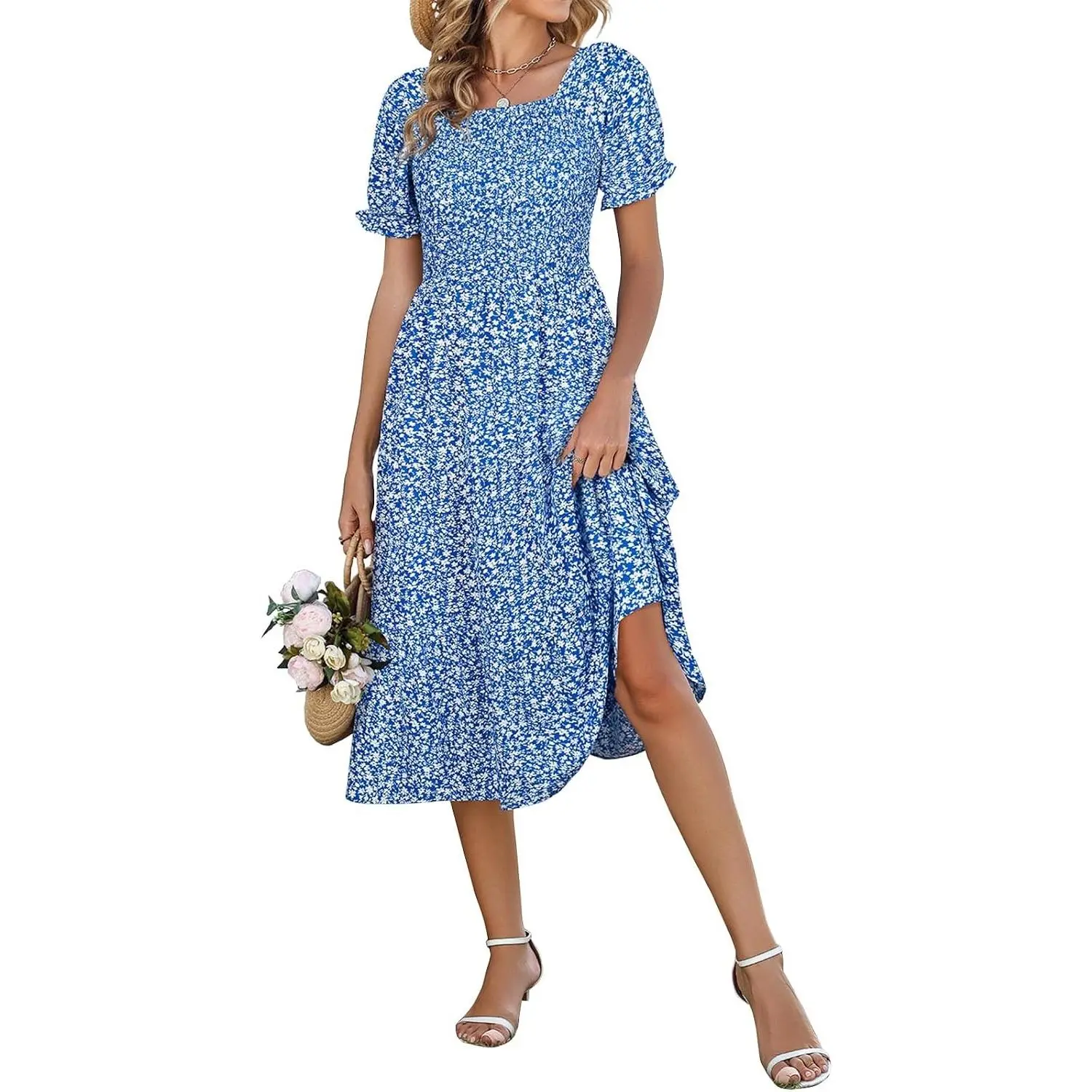 Spring Dresses for Women 2026 Casual Easter Floral Sundresses Smocked Square Neck Midi Long Dress with Pockets