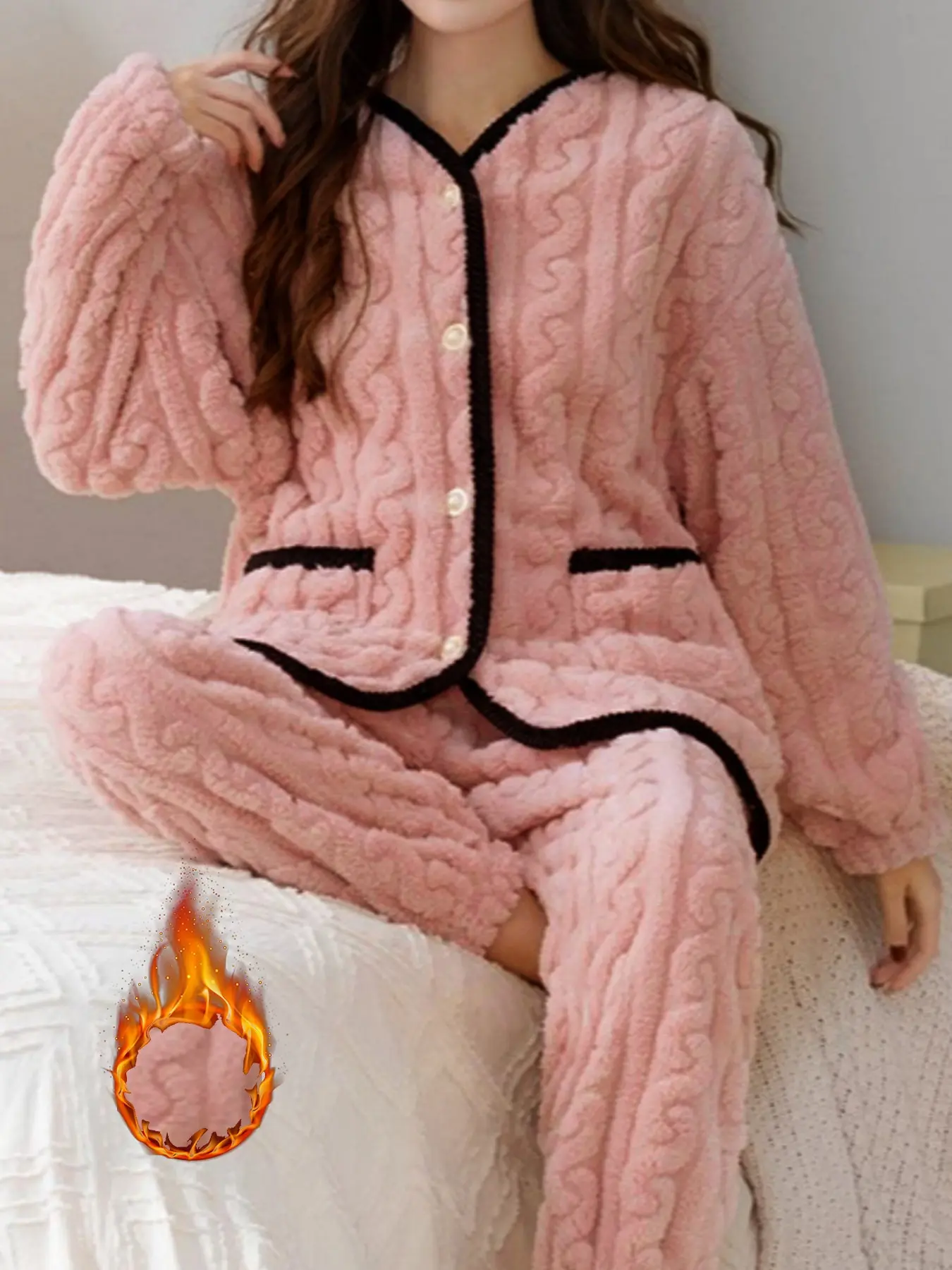 Autumn Winter Thick Knit Pajama Set, Soft Colorblock Button Sleepwear, Lazy Casual Warm Two-Piece, Cozy Home Loungewear