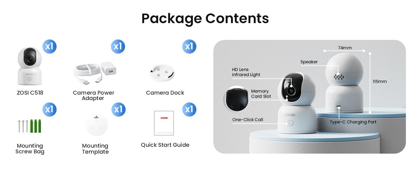 ZOSI 4K Indoor Security Camera C518 Pan/Tilt Pet/Dog/Nanny Plug-in Wifi Camera with Auto Tracking AI Detection 360° View Night Vision 2-Way Audio 5GHz/2.4GHz WiFi 64G Memory Card Included Button Installation