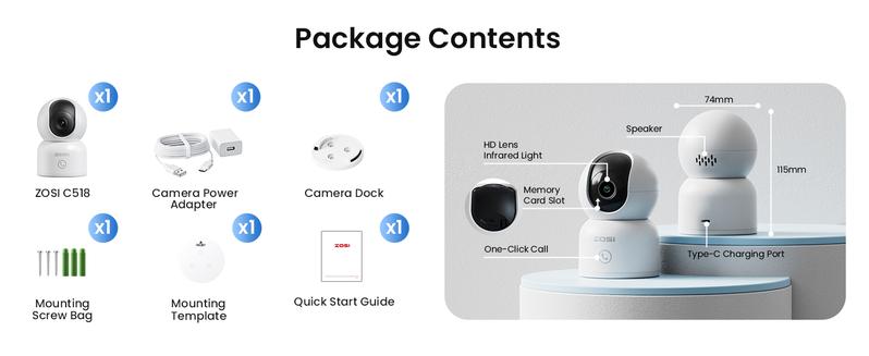 ZOSI 4K Indoor Security Camera C518 Pan/Tilt Pet/Dog/Nanny Plug-in Wifi Camera with Auto Tracking AI Detection 360° View Night Vision 2-Way Audio 5GHz/2.4GHz WiFi 64G Memory Card Included Button Installation