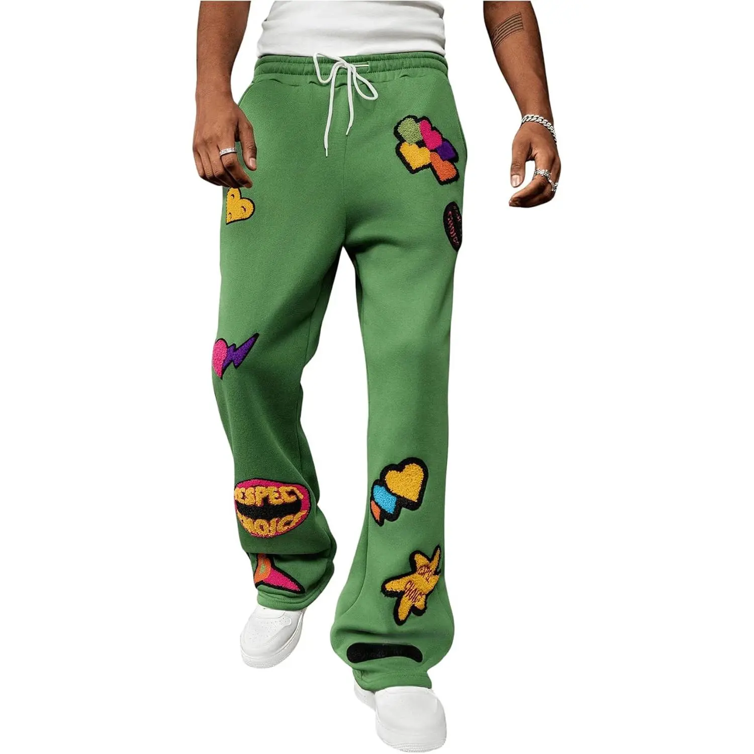 Men's Stacked Sweatpants Embroidered Drawstring Waist Workout Jogger Pants