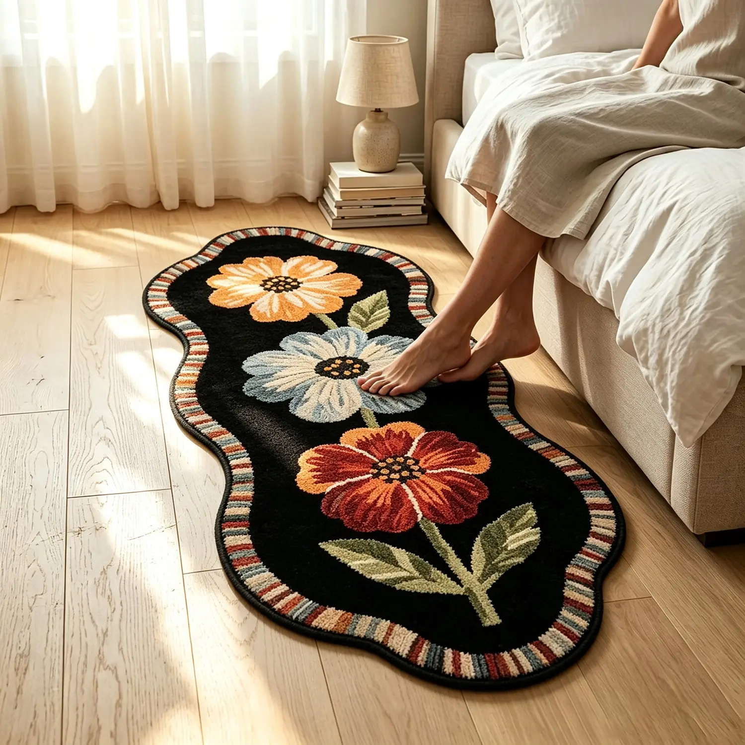 Vintage Wave Shape Floral Bedside Rug, American Style Colorful Long Strip Mat, Non-Slip Hallway Carpet, Suitable for Sofa, Coffee Table, Living Room, Bathroom, Indoor Decor