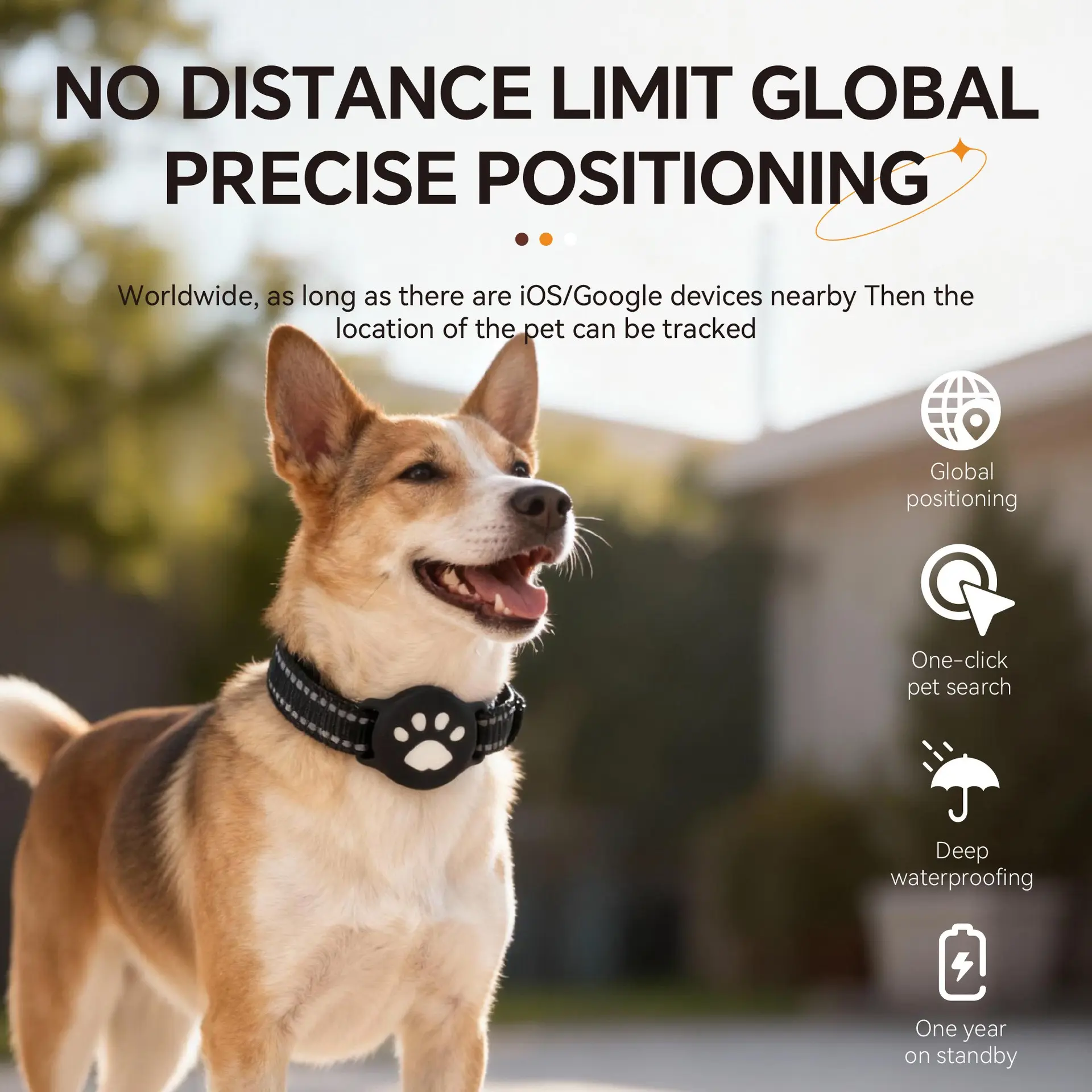 IP68 Waterproof Pet GPS Tracker Collar, Compatible with iOS & Android, Real-Time Anti-Lost Locator, Reflective Night Safety Tag