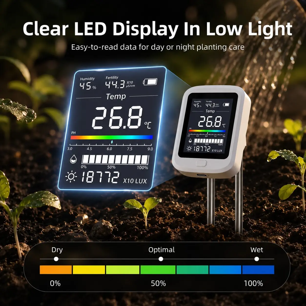 Six-In-One Soil Tester Kit, Garden Soil Analysis Tool, Measures Moisture, Fertility, Ph, LCD Display, Battery-Free, Ideal for Indoor & Outdoor Plants