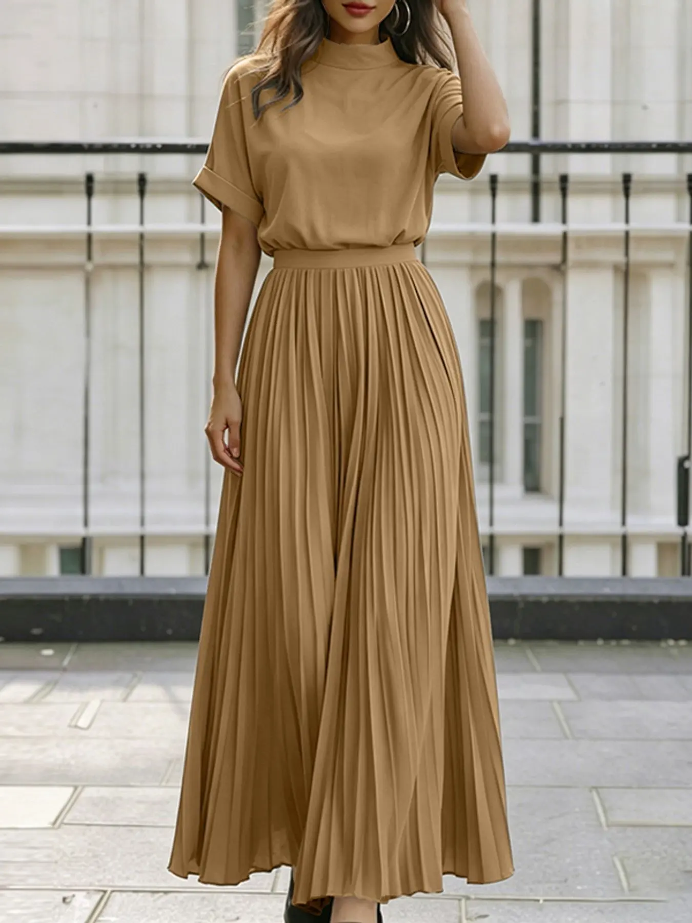 ZANZEA Women's Stand Collar Short Sleeve Top and Pleated Skirt Set, Clothes, Two-Piece, European and American Casual Style, Fashionable and Comfortable, Everyday