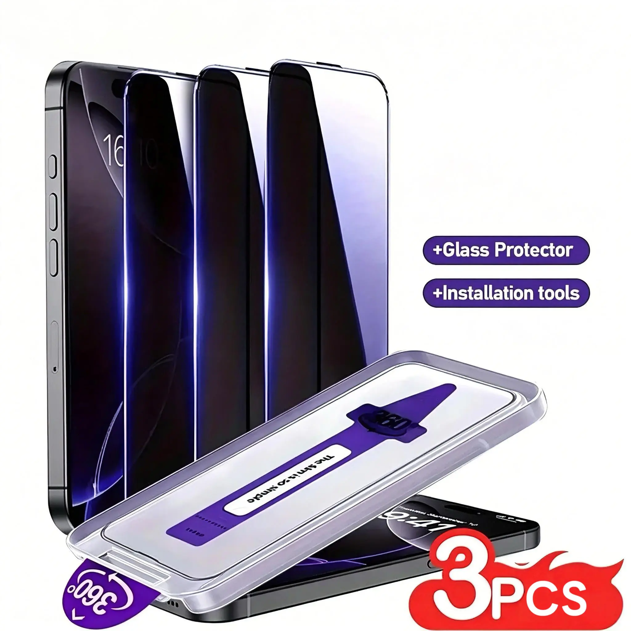 3pcs 360 ° privacy tempered glass screen protector, full coverage privacy protection, one-click installation, suitable for iPhone 17 Pro MAX/16/16 Plus/15/14/13/12/11 series,   four sides (up and down left and right) invisible design, purple arrow design