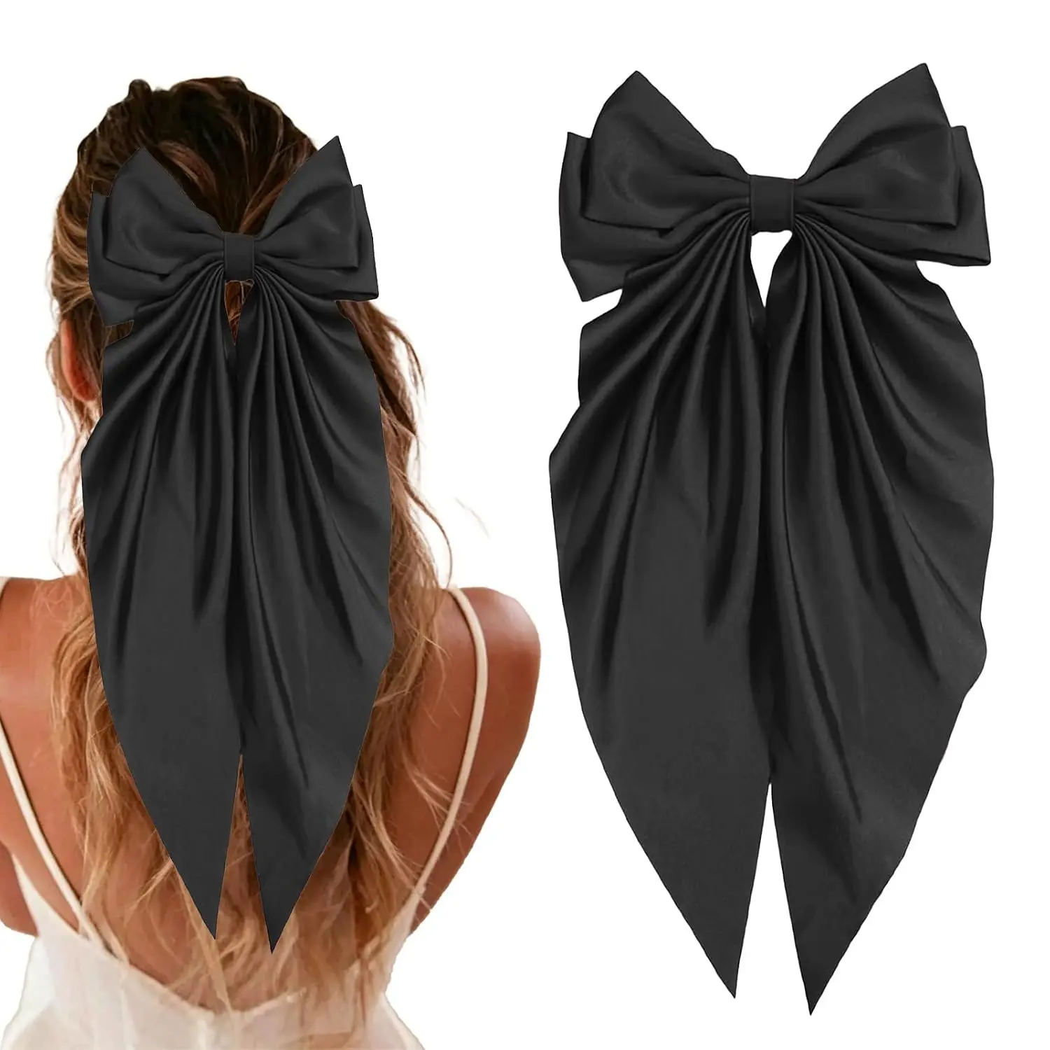 Hair Bows for Women Girls Black Silky Satin Large  Bow Clip |  Hair Ribbons Long Tail Hair Bow Hair Barrettes Graduation Cheerleader Halloween Christmas Accessories Gifts