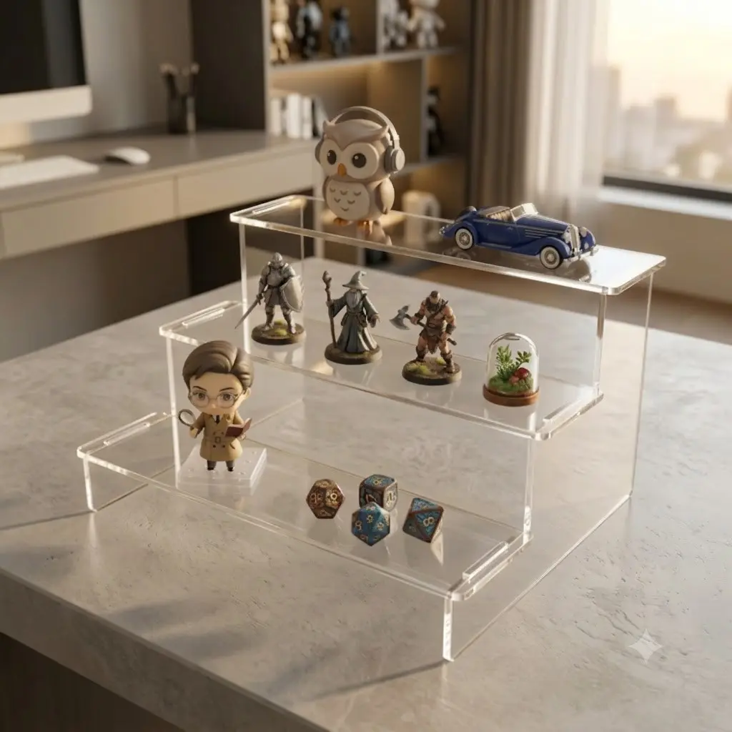 3-Tier Transparent Acrylic Display Stand, Modern Minimalist Design, Collectibles Showcase, Handheld Figures, Blind Boxes, Perfume Storage