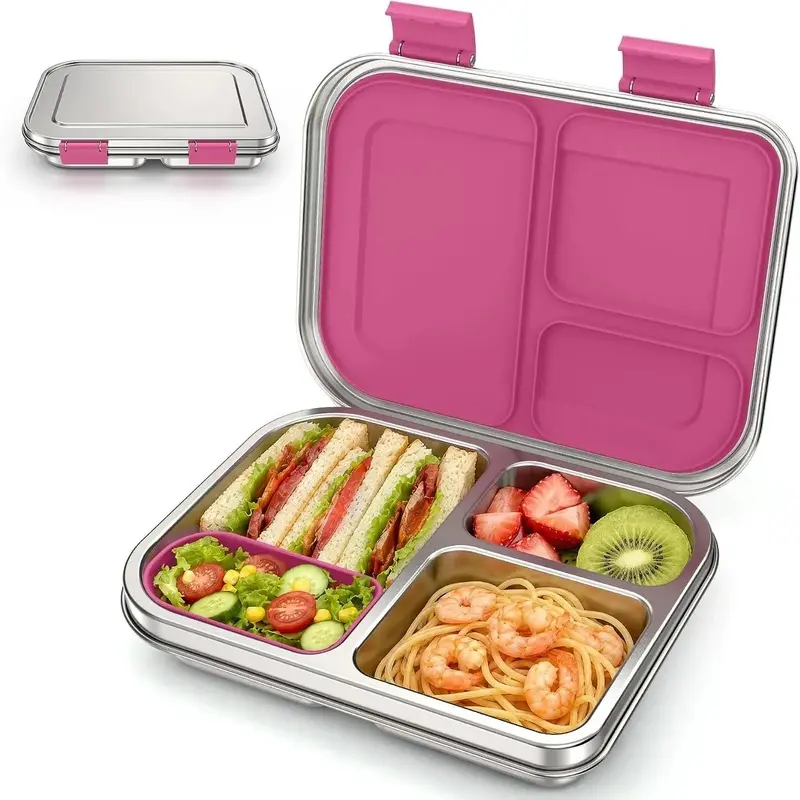 Pink 304 SS Kids' Stainless Steel Bento Lunch Box - 3-Compartment, Leak-Proof, Silicone Lid, Ketchup-Compatible, Dishwasher Safe, BPA-Free Home Organizer Storage Container for School