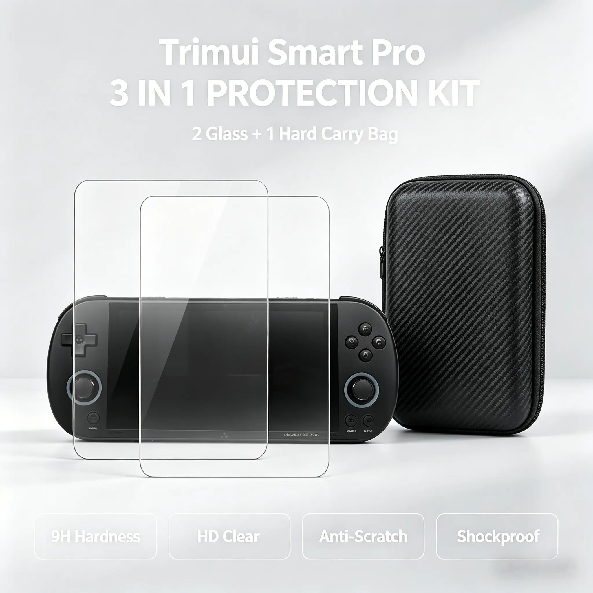 Trimui Smart Pro Full Protection Set, 2 Screen Protectors + Shockproof Storage Bag, Game Console Bag and Tempered Glass Protector