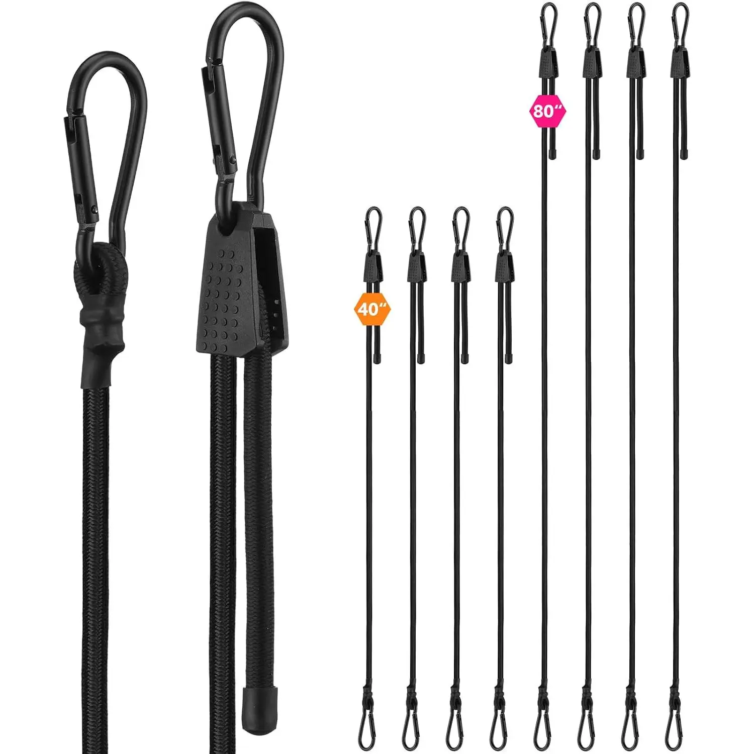 8 count 40" & 80" Adjustable Bungee Cords with Hooks, Easy to Adjust Black Bungee Rope  for Cargo, Luggage, Roof Rack, Camping,
