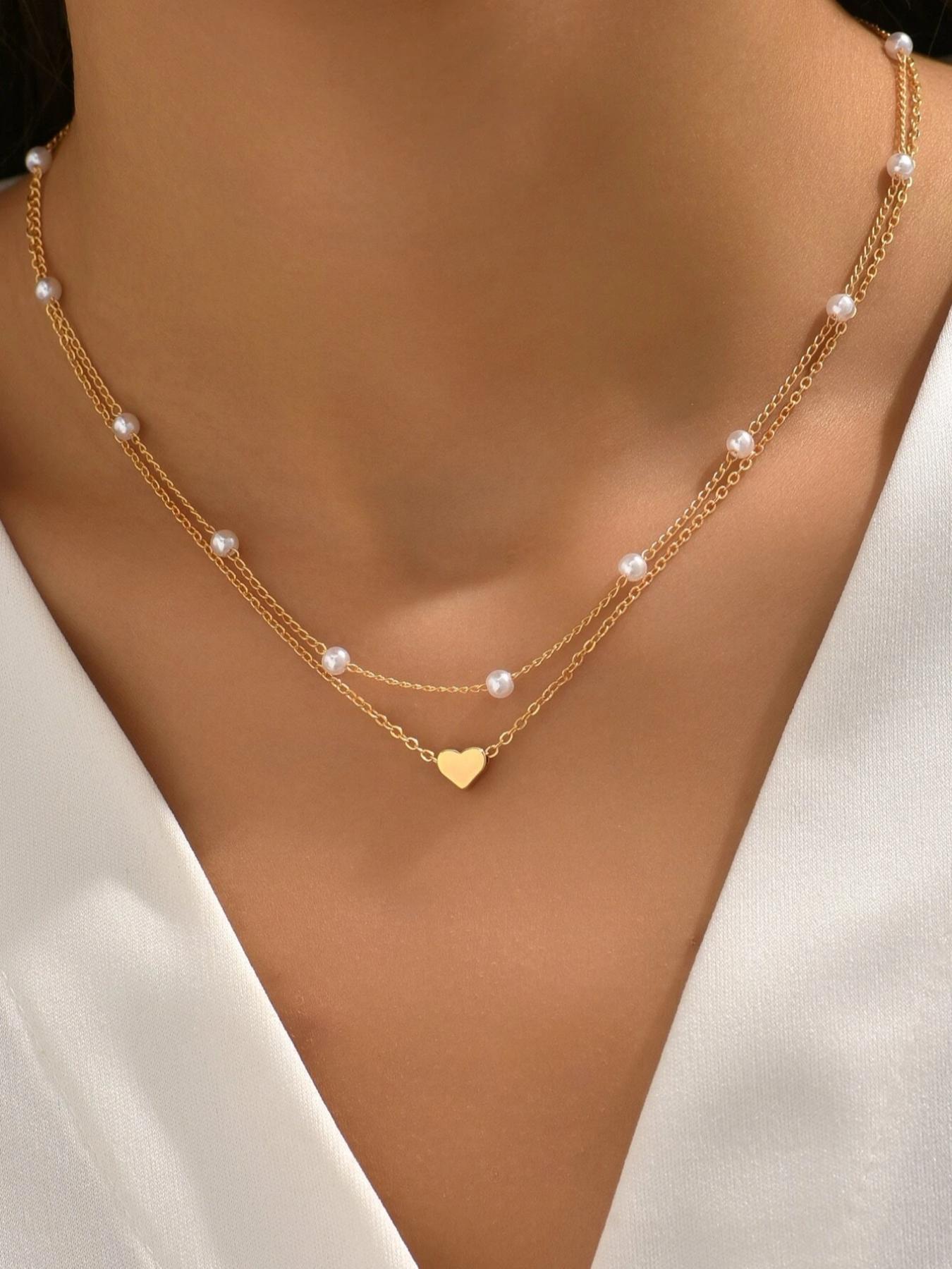 2pcs Women's Faux Pearl Heart Decor Chain Necklace, Daily Clothing Decor for Girl, Elegant All-match Fashion Accessories for Daily Wear, Without Box