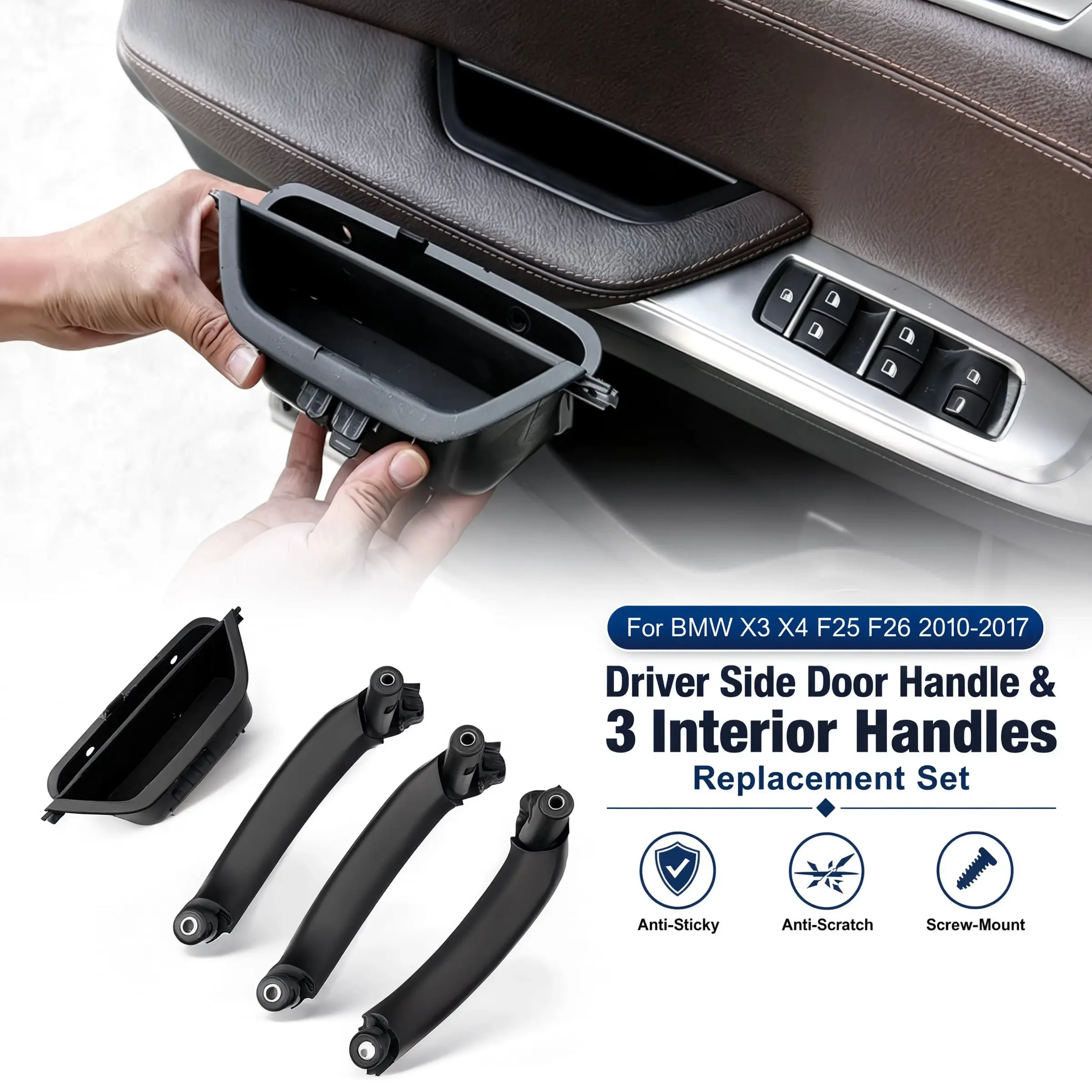 For BMW X3 X4 F25 F26 2010-2017, Driver Side Door Handle Replacement & 3 Interior Handle Covers 4PCS, Screw-Mount & Clip-On Anti-Sticky Anti-Scratch Upgrade Set, Automotive Interior Accessories