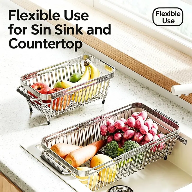 304 Stainless Steel Sink Vegetable Bowl Drainer, Kitchen Drain Rack, Expandable Dish Strainer, Water Filter Basket, Durable and Space-Saving