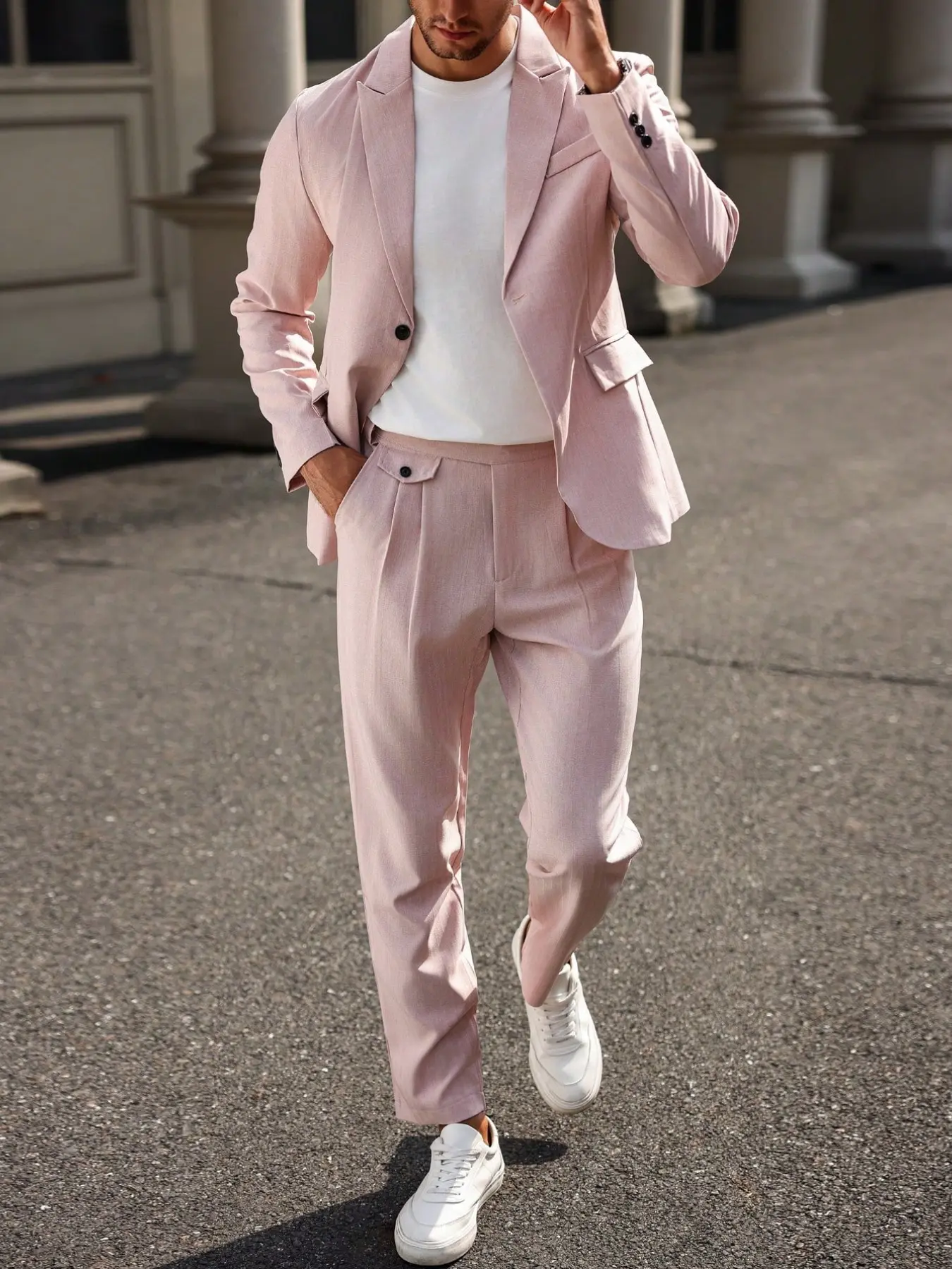 Men's suit set featuring a minimalist Aesthetic design; suitable for various occasions including business casual settings and social gatherings. Crafted from lightweight fabric suitable for year-round wear, it offers a sophisticated, mature style.
