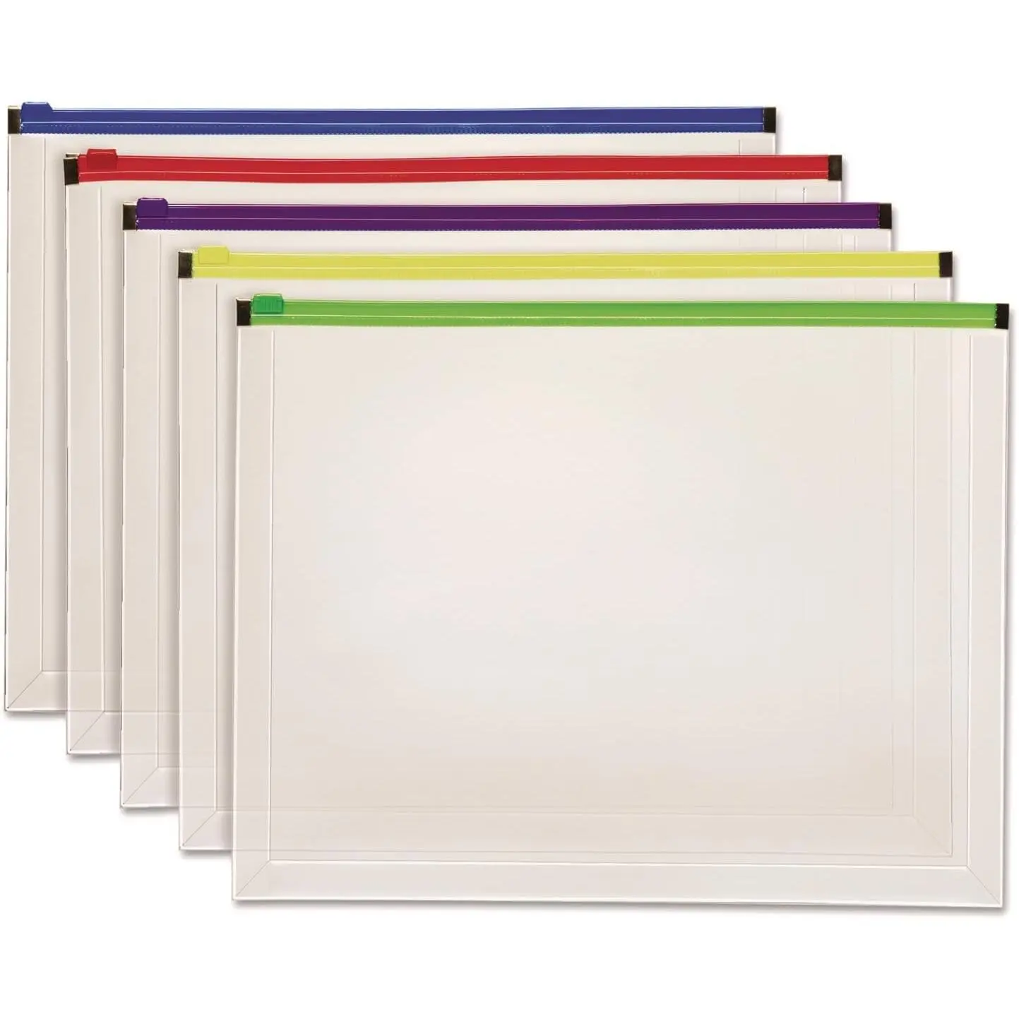 Poly Zip Envelope, Plastic Expanding File Pockets, Clear Zipper Pouches, Plastic Envelopes with Secure Closure, Letter Size, Assorted Color Zippers, 1 inch Expansion, 5 per Pack (85292)