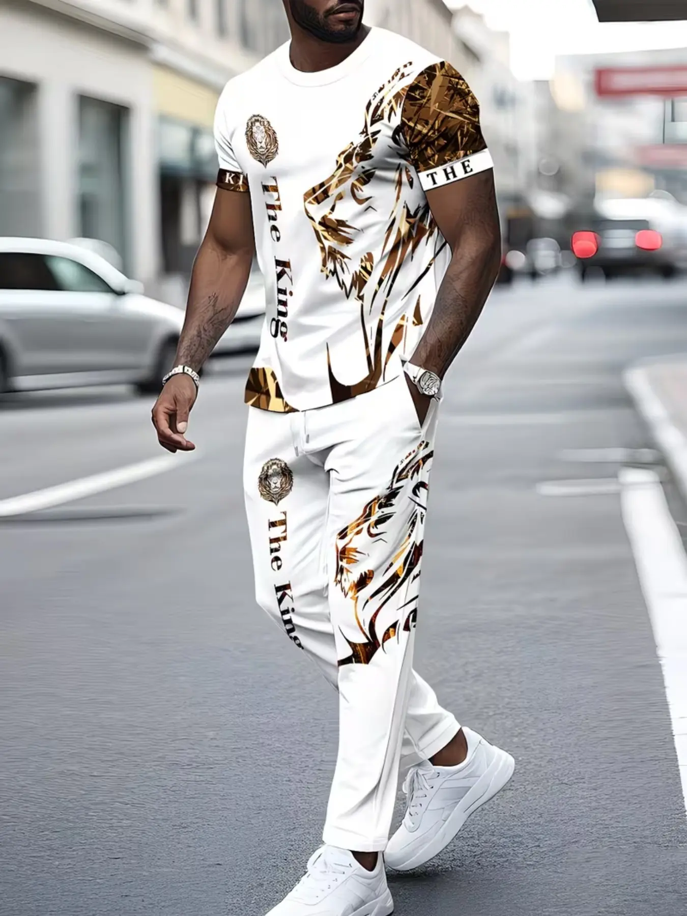 Men's Casual 3D Lion Print Short Sleeve T-Shirt & Pants Set, Slim-Fit All-Over Print, Above Ankle Length, Ideal for Daily Wear & Sports, Menswear