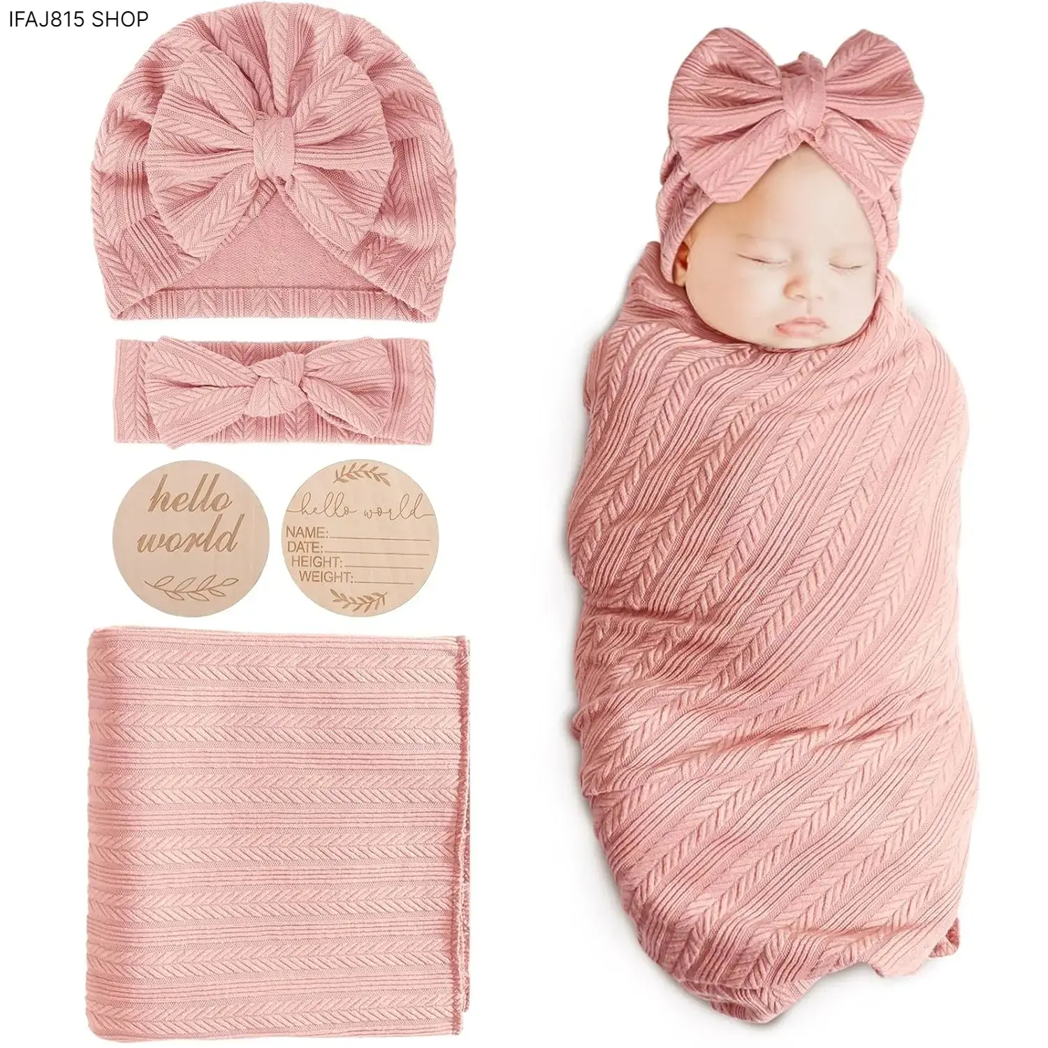 Plain Polyester Blend Blankets & Throws for Girls, 4-Piece Infant Swaddle Set with Hat and Headband, Soft and Stretchy, Stretch Poly, Swaddle Blanket & Matching Hat Set, 0 - 3 Months, Newborn Baby Stuff, Skin Friendly, 1 Set: B