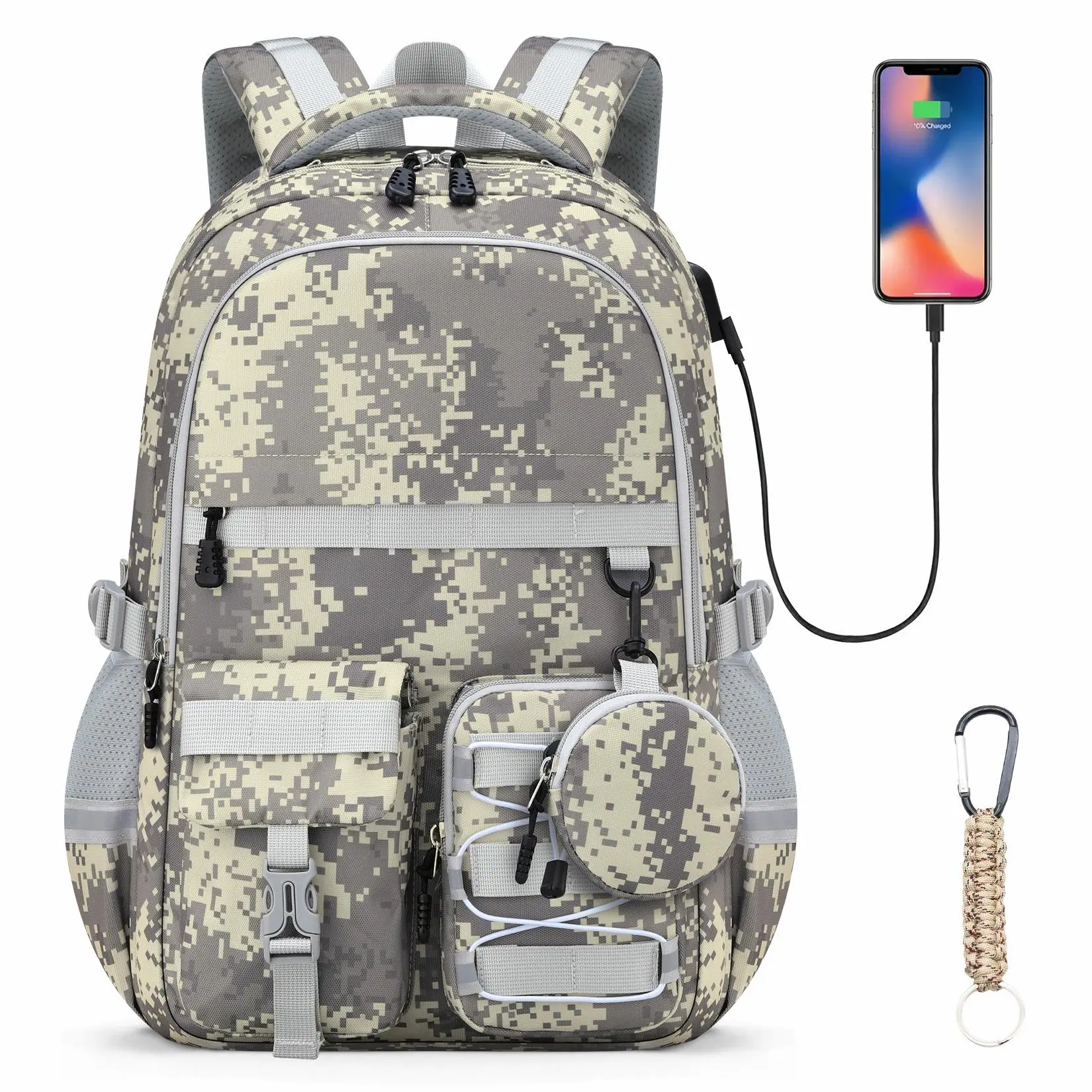 School Backpack for Boys - Camo Boys Backpack for Kids Teens Elementary, Middle & High School Bookbag Daypack with Camouflag Design,18″ Large Capacity with Usb Charging Port & Key-chain