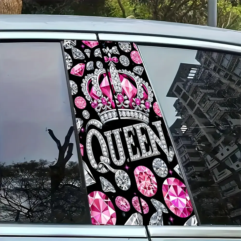 2pcs Queen Crown B-Pillar Stickers 2pcs Set, Pink Synthetic Gemstone Style Car Styling Decals, Decals For Vehicles, Automotive Vehicle Accessory; Durable Vinyl Material, Perfect for Cars, Trucks, and SUVs, Automotive Exterior Decoration