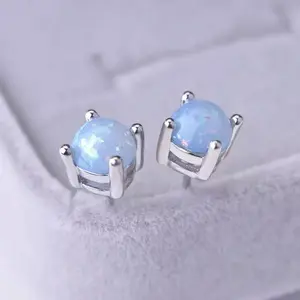 925 Sterling Silver Round Blue Fire Opal Stud Earrings Women Girl Gift 6mm B57
