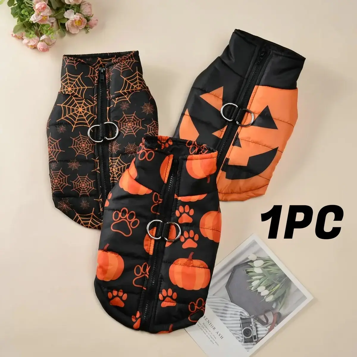 Autumn Winter Pet Halloween Cotton Vest, Pumpkin Paw Print Spider Web Waterproof Jacket, Zipper Comfortable Dog Coat, Dachshund Clothes
