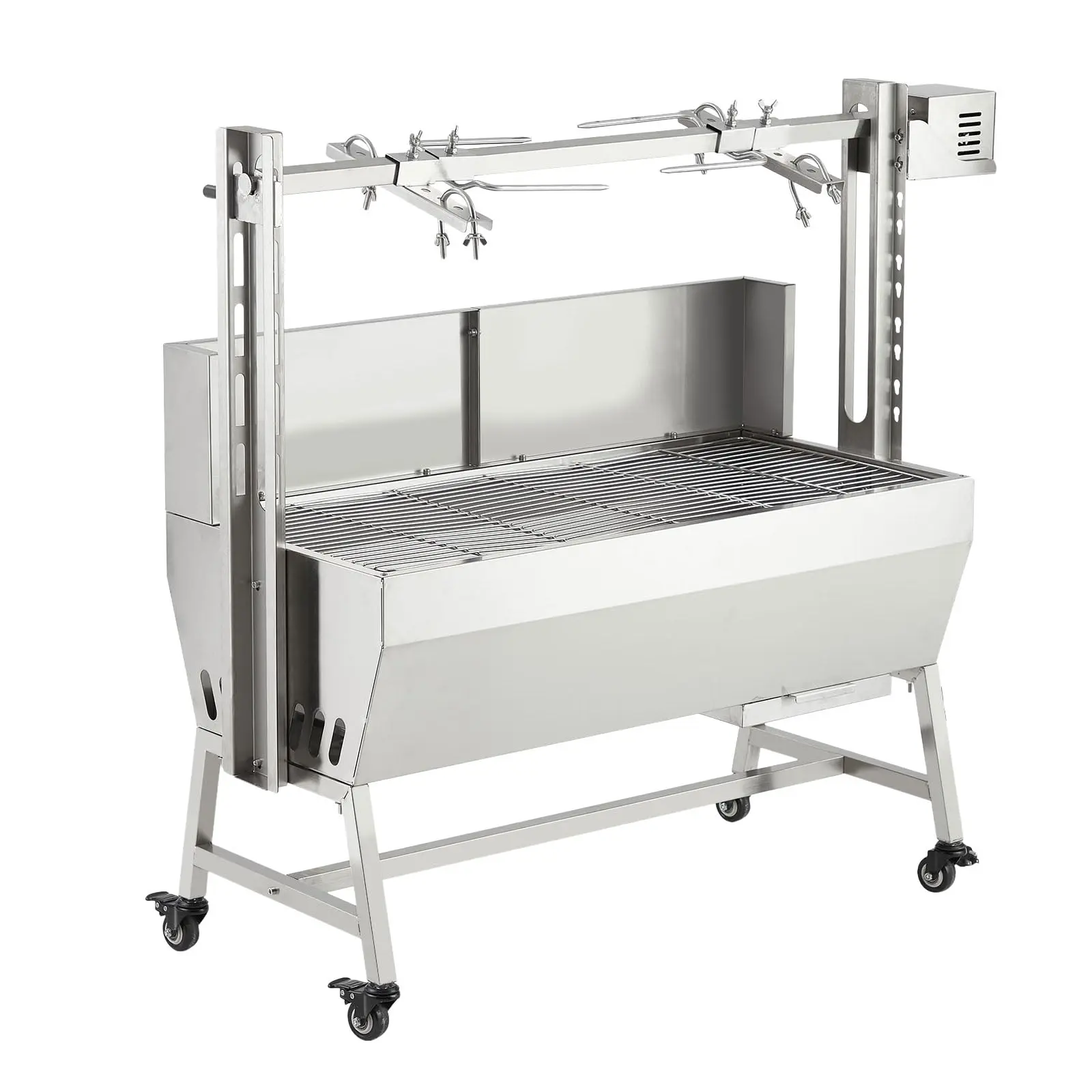 Stainless Steel Electric Rotisserie Grill for Whole Pig & Lamb – Charcoal Spit Roaster with Wind Screen, 52W Motor & Lockable Casters, 132 LBS Capacity