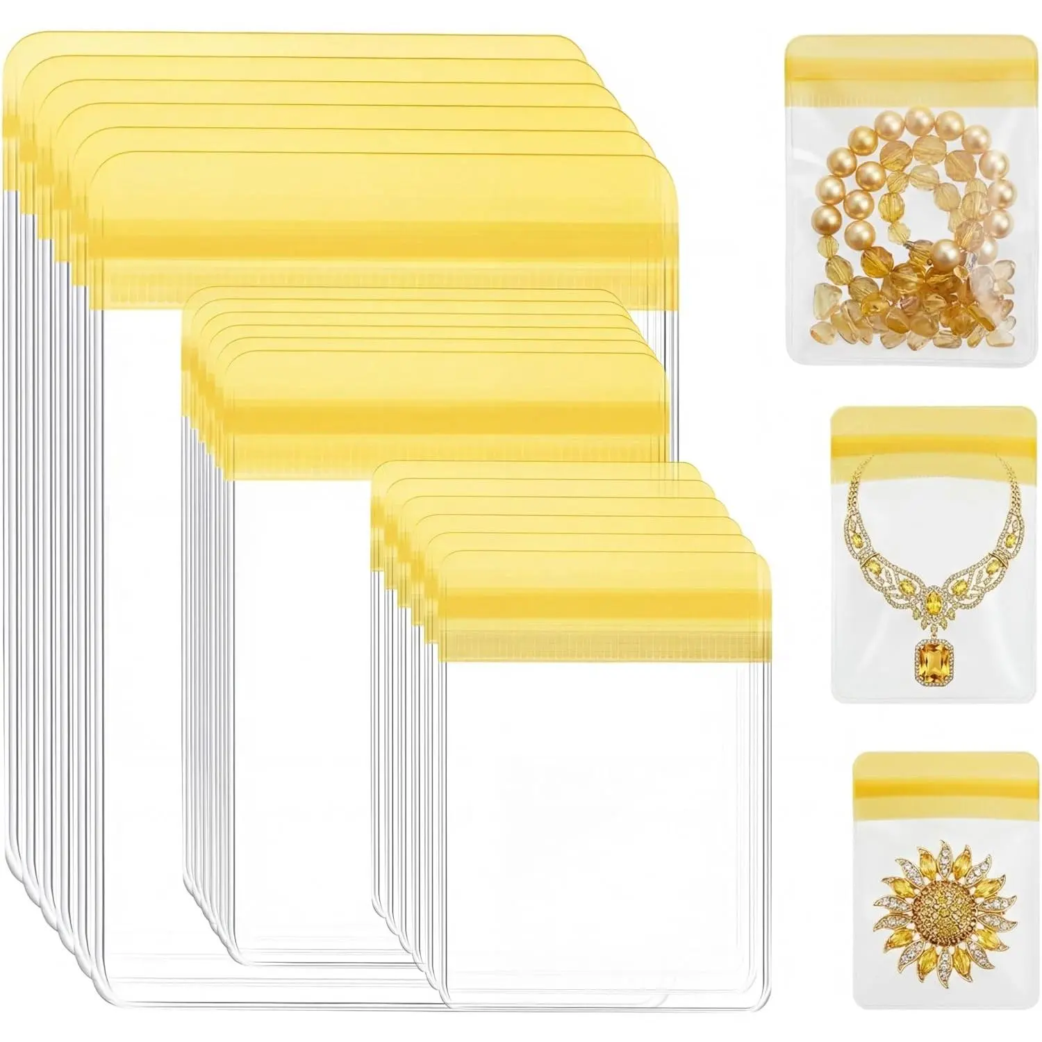 120 count Anti Tarnish  Bags for Organizer and Storage Clear PVC  Bag Mini Plastic Pouch Transparent Rings Earrings Packing Small Zipper Lock Pouch for Travel, 3 Sizes (Yellow)
