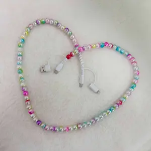 4 in 1 Rainbow Beaded Charging Cable Colorful Gradient USB Cable 60W Max Fast Charging Fits Charger Works With All USB C And Lightning Devices Perfect Fast Charge Cable For Ladies
