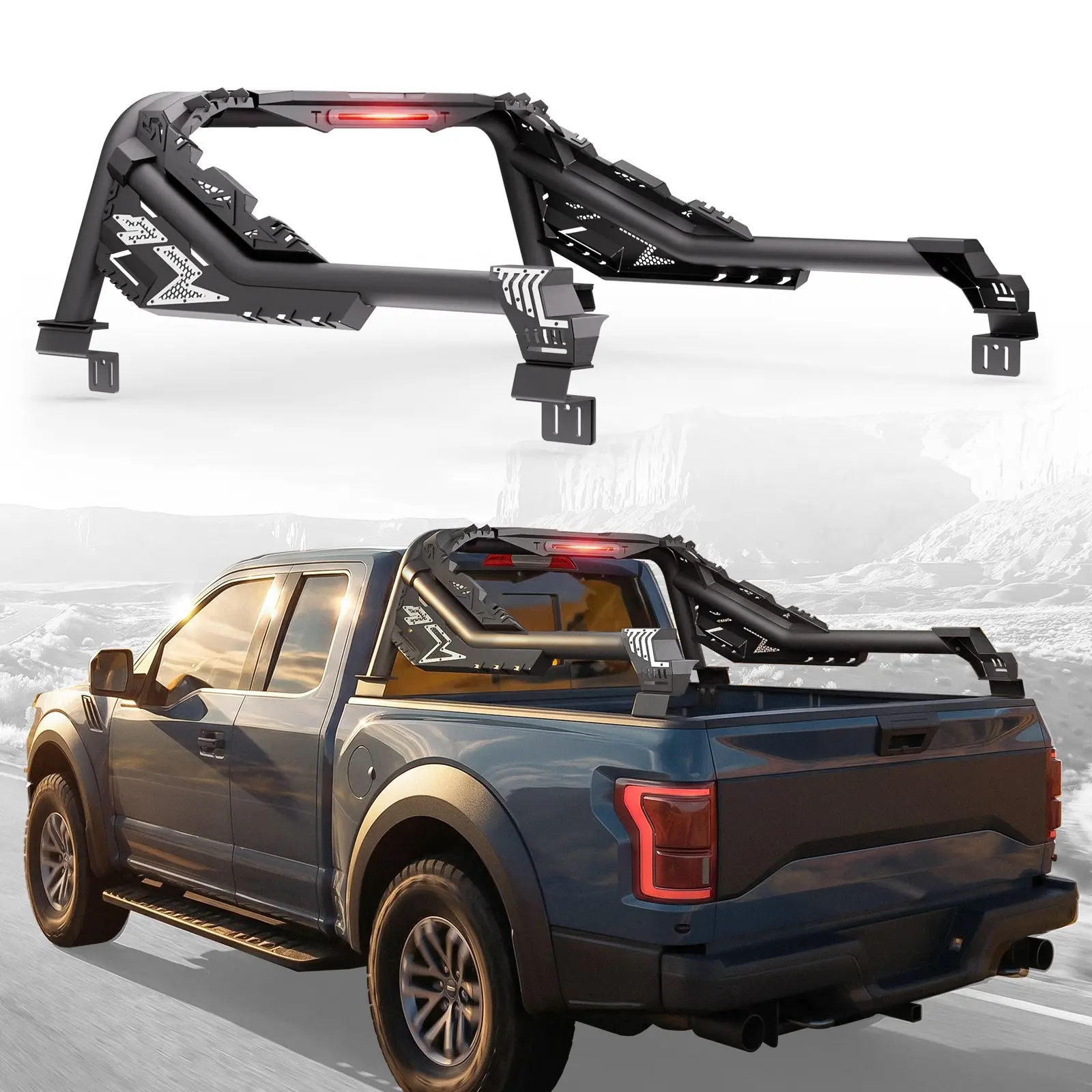 Carbon Steel Roll Bar Chase Rack Brake Light, 56-63" Size with 57" Depth, Compatible with Tacoma, Colorado, Ranger Trucks