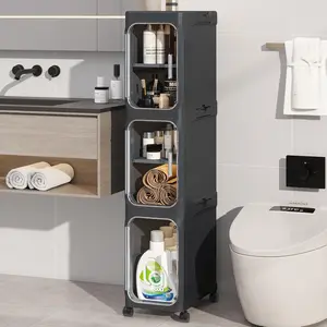 Black White Movable Slim Storage Cabinet Multi Layers Large Capacity Waterproof Dustproof Magnetic Transparent Door No Assembly Kitchen Bathroom Shelf