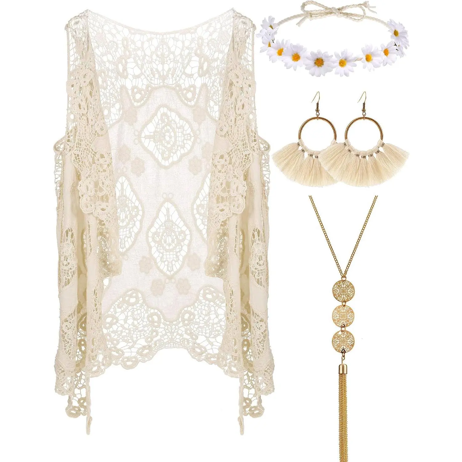4 Pcs Halloween 60s 70s Outfits for Women Hippie Costume 70s Costume Tops Accessories Women Fringe Hippie Vest
