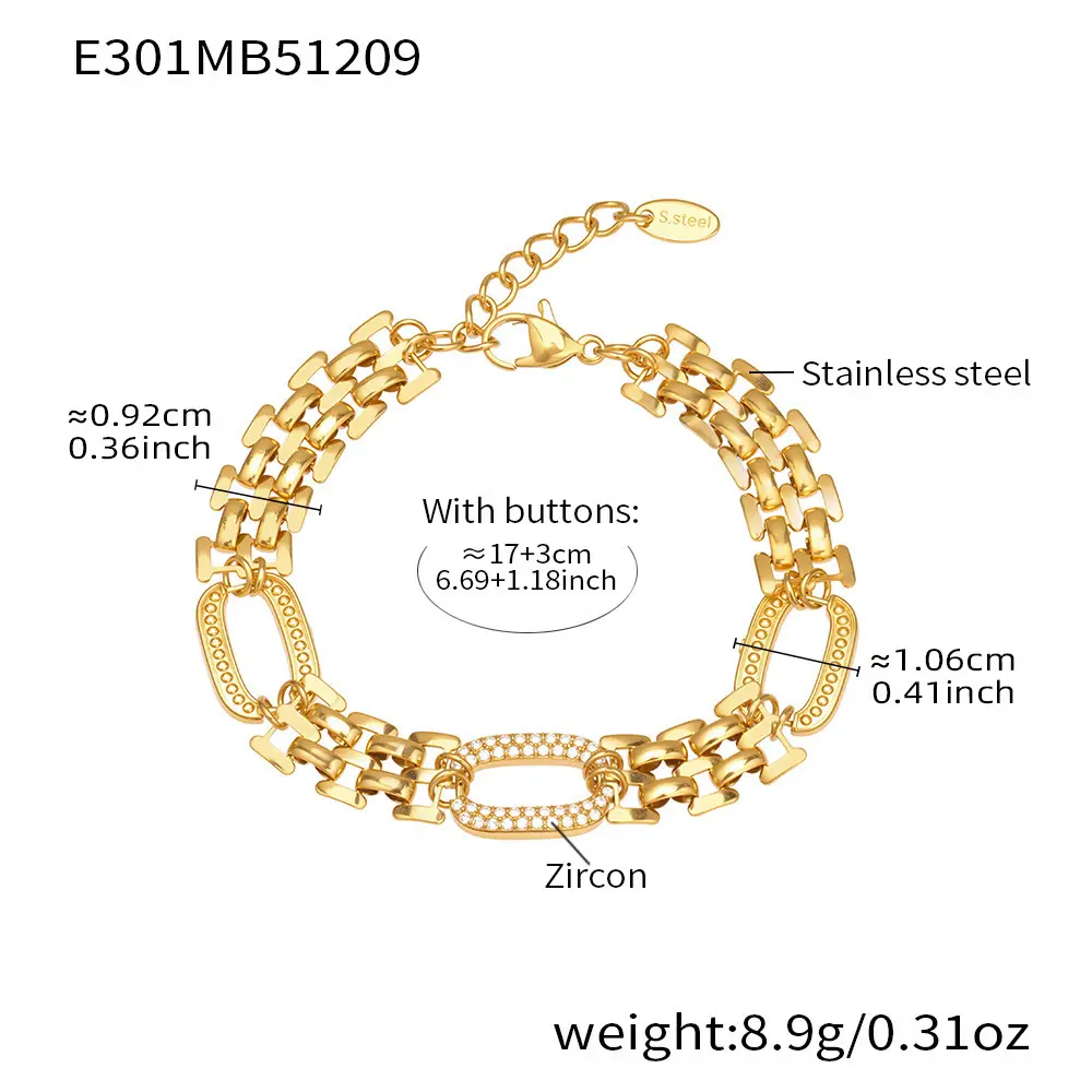 Stainless Steel Ultra-Shiny 5A Zirconia Watch Chain Bracelet Plated with 18k Real Gold Simple Fashion Couple Jewelry