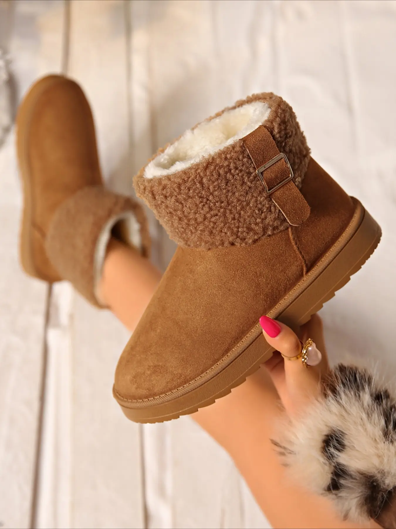 Cuffed fleece ankle snow boots with side metal buckle warm thick anti-slip sole multi-color winter slip-on women shoes