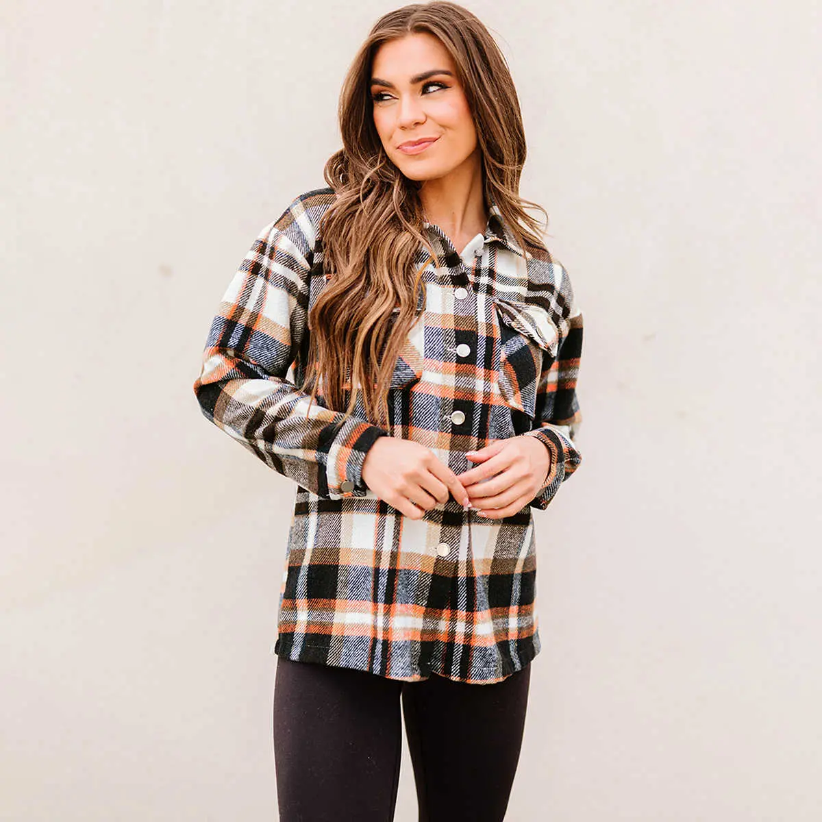 Geometric Plaid Print Pocketed Shacket