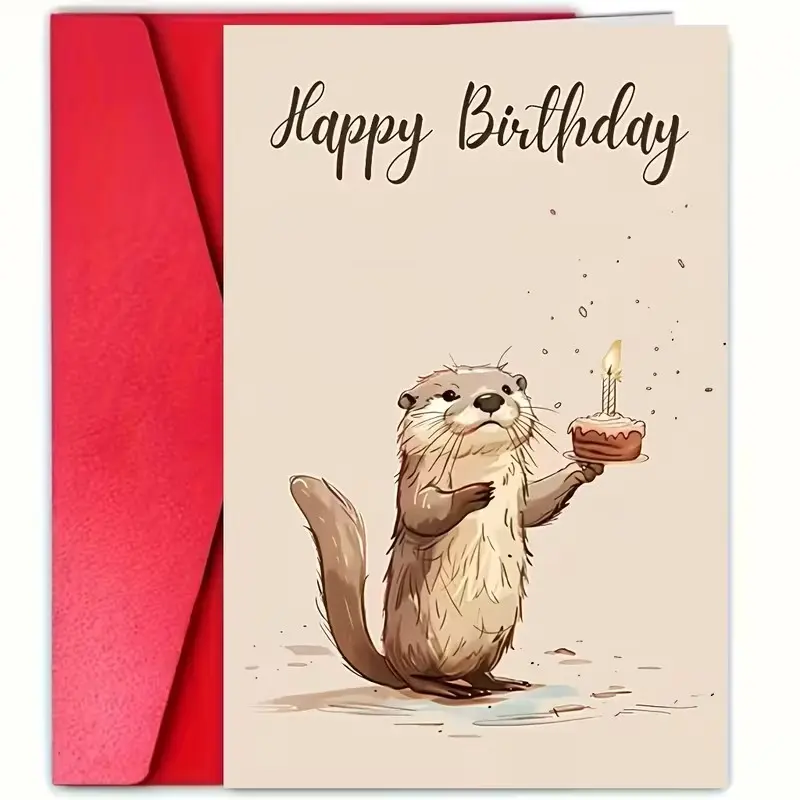 1 SET Cute Otter Hugging a Birthday Cake Card with Envelope - 2D flat animal illustrations, vibrant colors, the perfect gift for family and friends, otter-themed celebratory design, exquisite details, and fun patterns. Christmas gift.
