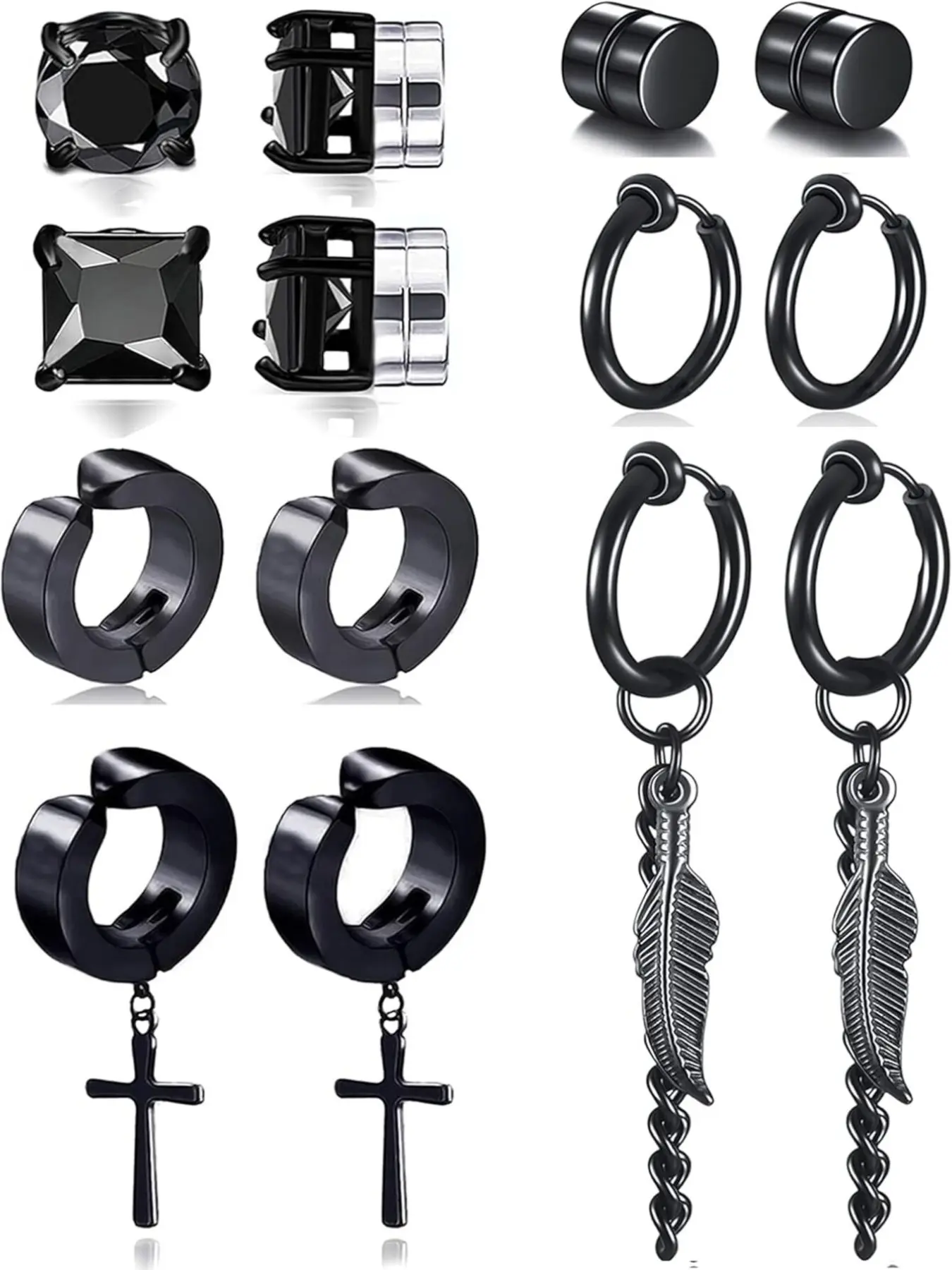 7Pairs Minimal Punk Ear Stud Pack, Polished Black Metal Multi-Style Cross Feather Chain Hoop Earrings For Unisex, Rock Street Daily Piercing Jewelry Stainless Steel Hoops