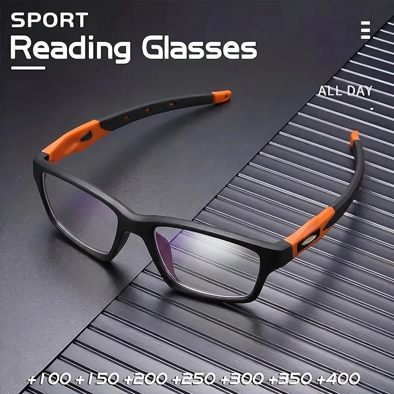 Men's Lightweight Square Sports Reading Glasses, Flexible Frame, Anti-Slip Temple, Blue Light Protection, Outdoor Leisure Eyewear