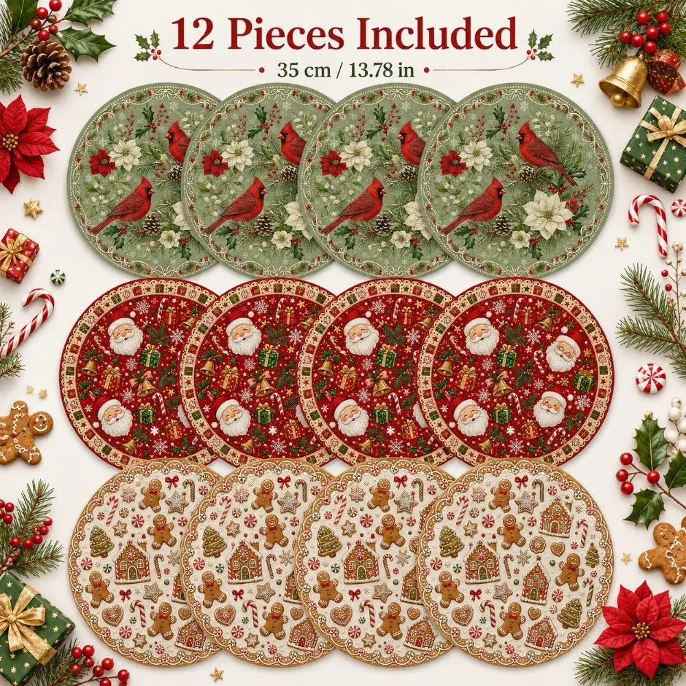 12 Pieces Christmas Round Placemats Set, 35cm (13.78in), Assorted Winter Holiday Table Mats, Washable Non-Slip Heat-Resistant Dining Table Decor, Cardinal Bird, Santa & Gingerbread House Designs for Kitchen Christmas Party Decor
