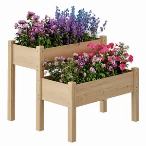 2-Tier Raised Garden Beds with Legs – Fir Wood Planter Boxes, 33" x 33" x 29" – Wooden Elevated Design with Legs, Open Base, 8 Drainage Holes, 352 lbs Support – Outdoor Planter for
