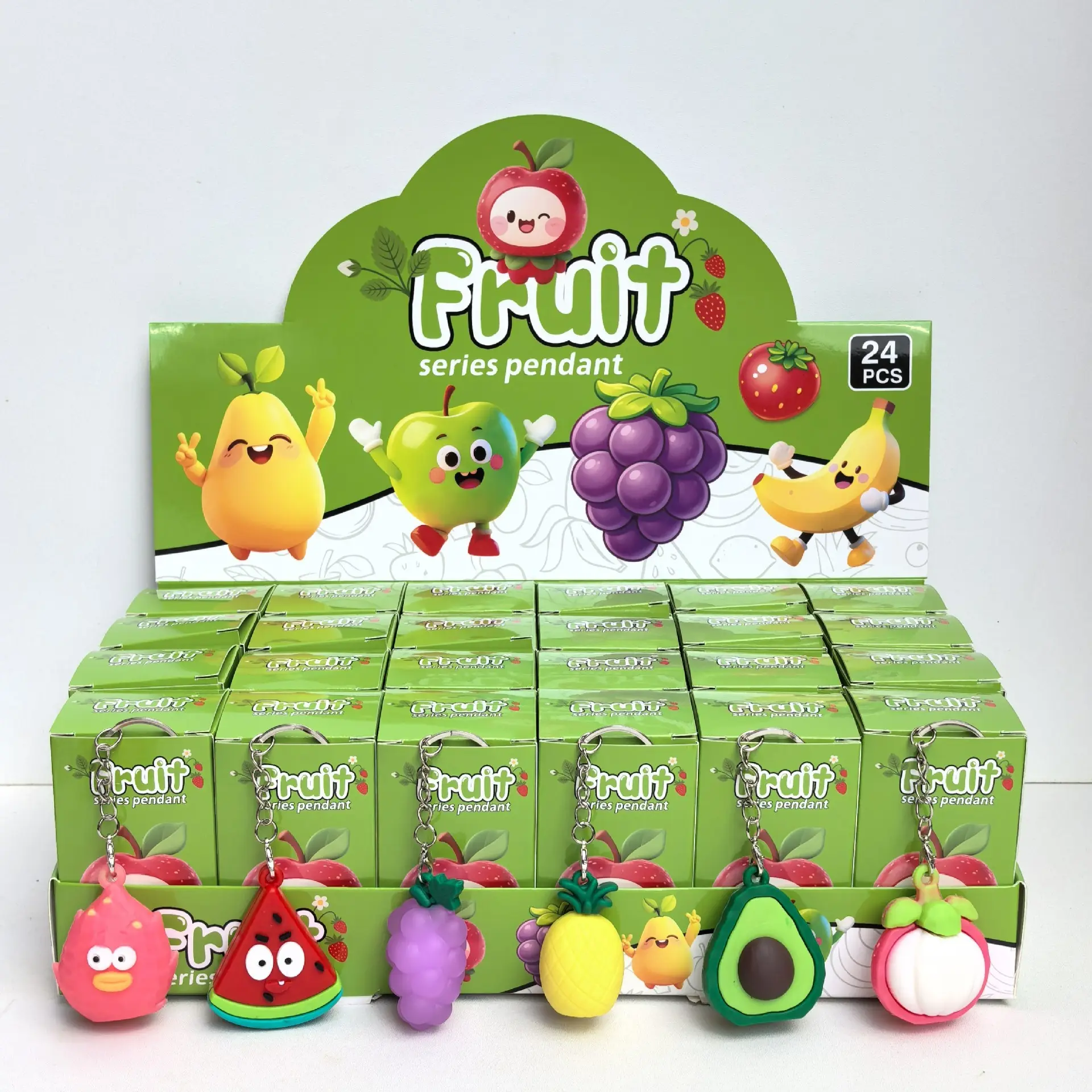 New 24-Pack Cute Fruit Keychains, School Prize Blind Box Gifts, Christmas Gift Set, Fun Hole Design, Perfect for Holidays, Keychain Kawaii