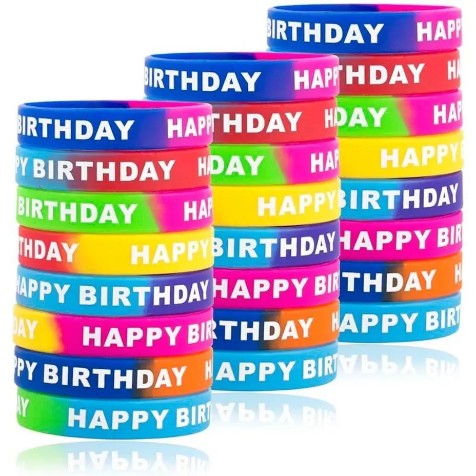Happy Birthday Rubber Bracelets, Colored  Stretch Wristbands for Birthday Party Supplies Favors 8 Styles