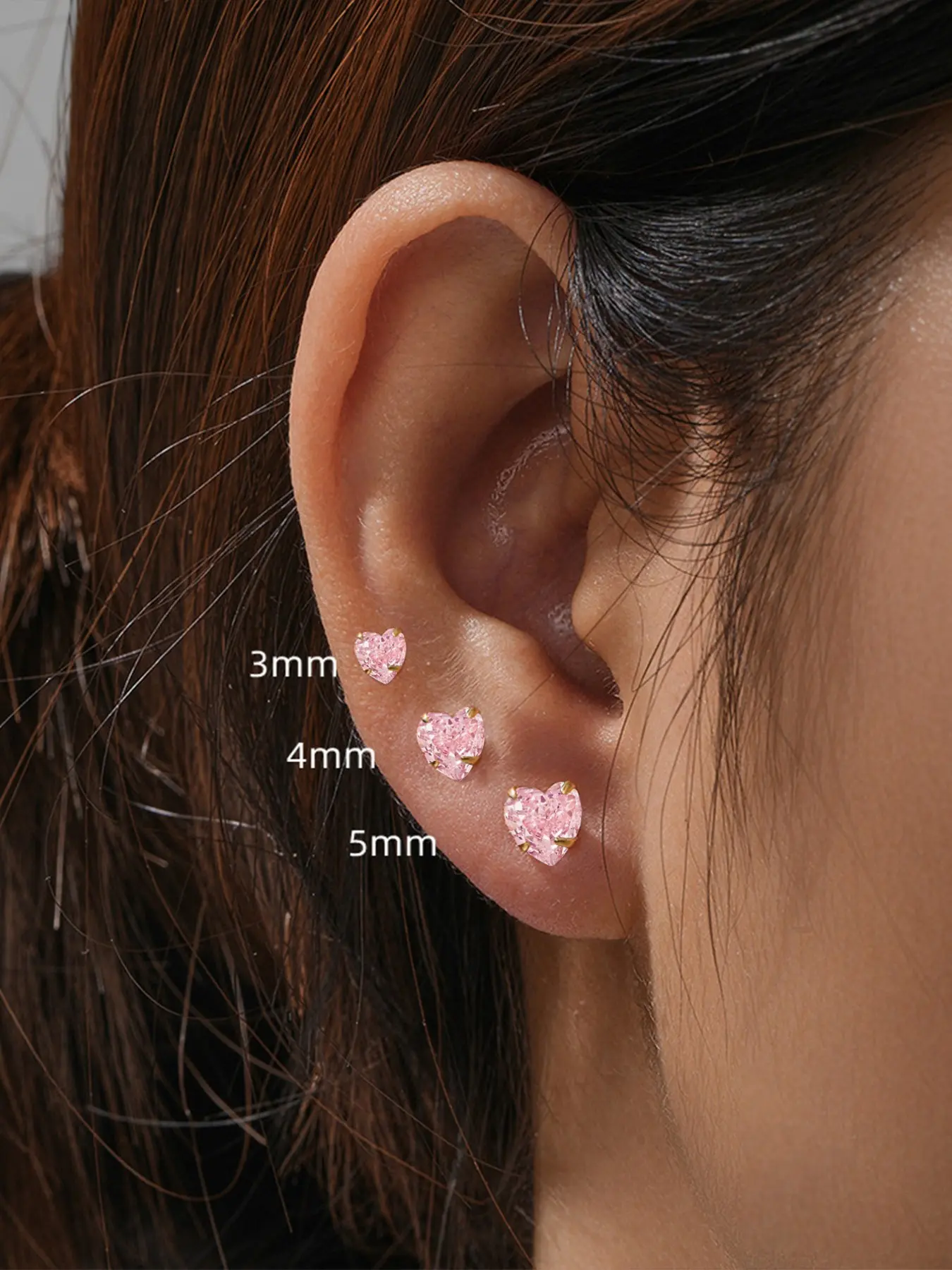 3Pcs 925 Sterling Silver Cute Heart Cubic Zirconia Stud Earring Hypoallergenic Cartilage Helix Tragus Lobe Piercing Jewelry Suitable For Women For Daily, Dates, Vacation, Wedding, Party, Holiday Gift Heart Shaped Earring