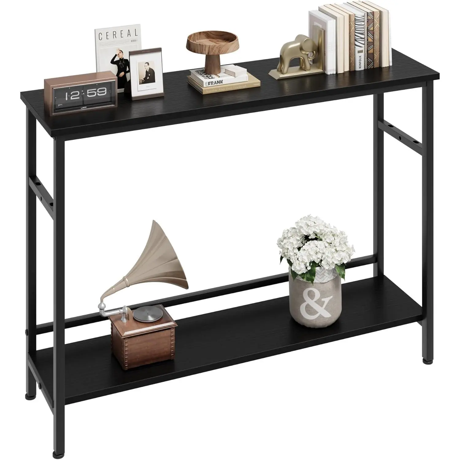 39.3 in Rectangular Rustic Black Console Table with Adjustable Shelf & Metal Legs, Entryway Table with Storage, Ideal for Living Room, Hallway