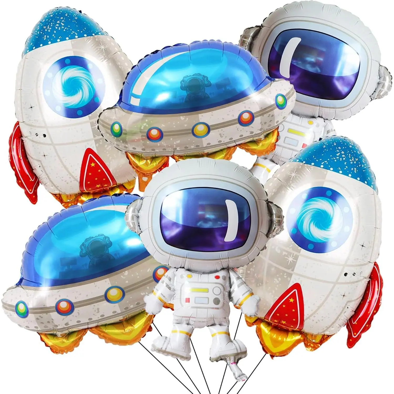 6 count Space Balloons Set, Astronaut UFO Rocket Foil Balloons, Cute Space Themed Party Decor with Ribbon, Straw & Dot Glue, For Boys Birthday,  Shower, Photo Props