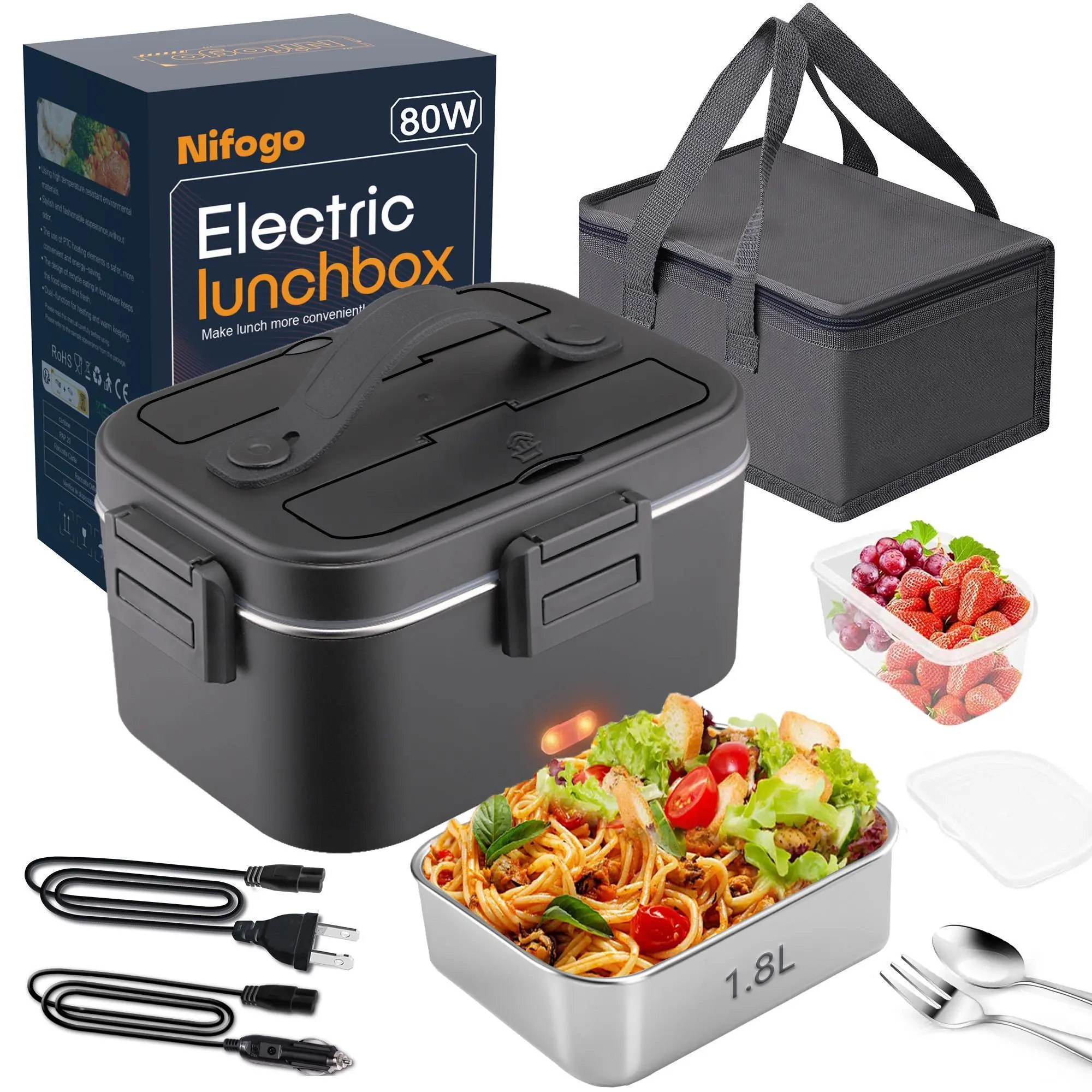 Electric Lunch Box, 80W Food Heater 1,5L for Adults Portable Food Heater with Tableware and Lunch Bag, Car & Home Portable Electronic Food Heater for Home Office Travel Food Storage Fast  , Fork Spoon and Bag Tableware